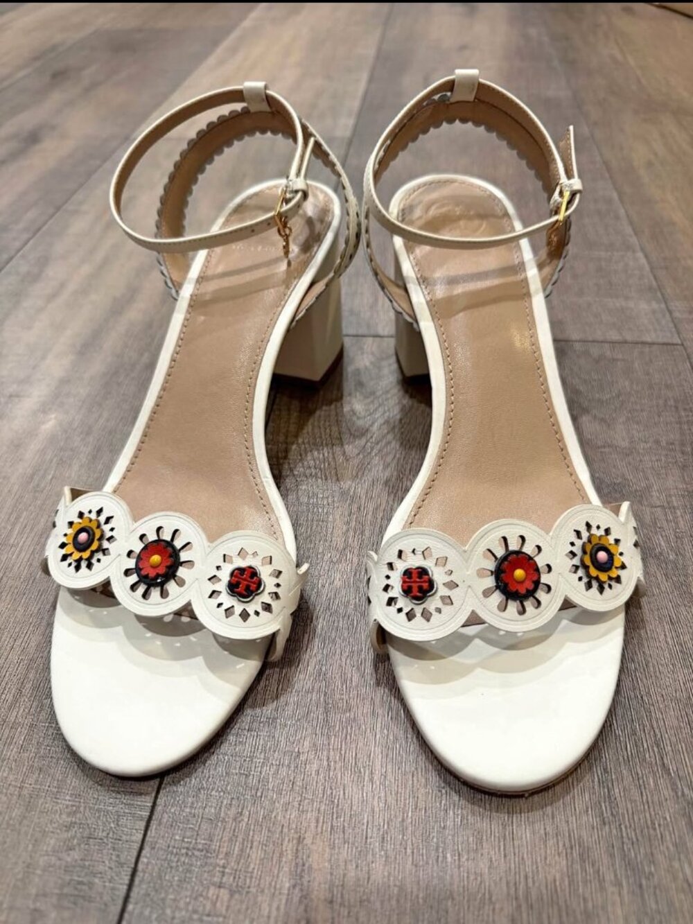 Tory Burch Marguerite floral ivory block heel sandal women's US 9.5/ EU40.5